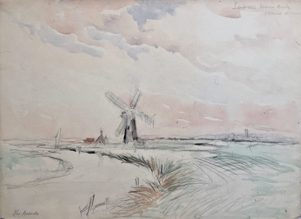 Painting if windmill entitled "The Broads"